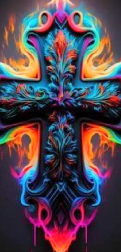 Vibrant neon cross art with colorful flames on black background.