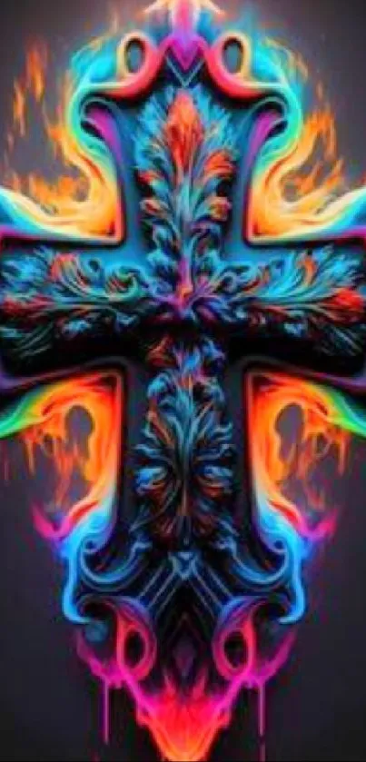 Vibrant multicolored neon cross design glowing against a dark background.