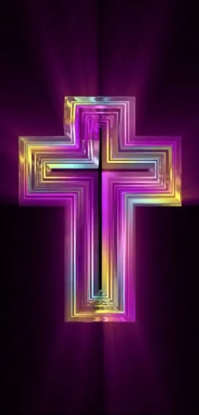 Vibrant neon cross with purple glow background.