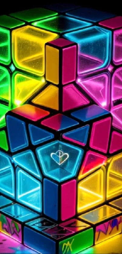 Vibrant neon cubes in geometric design with colorful glowing lights.