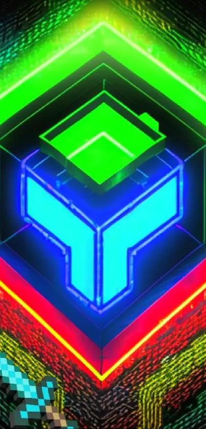 Vibrant neon cube art with glowing colors and a pixelated sword.