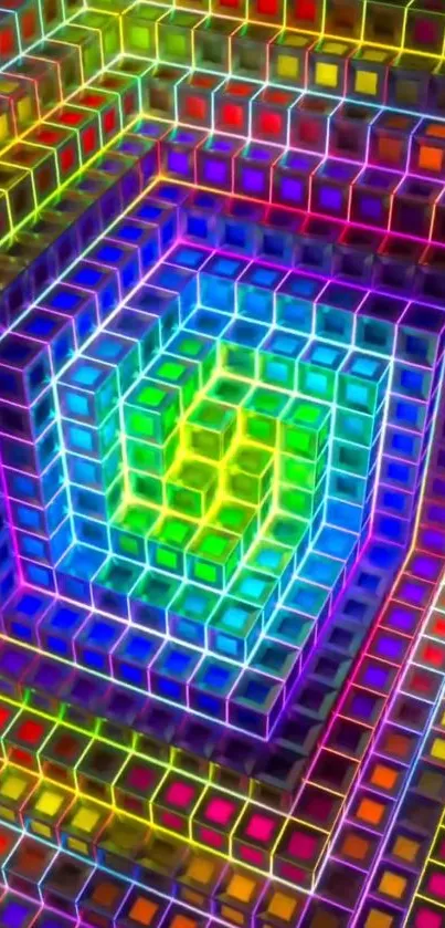3D neon cube spiral pattern wallpaper.