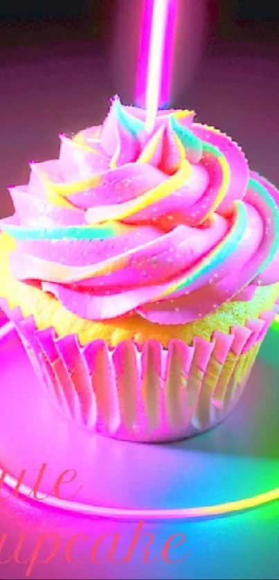 A vibrant cupcake with neon icing and LED glow on dark background.