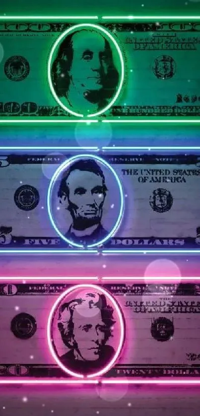 Vibrant neon-outlined dollar bills in artful design.