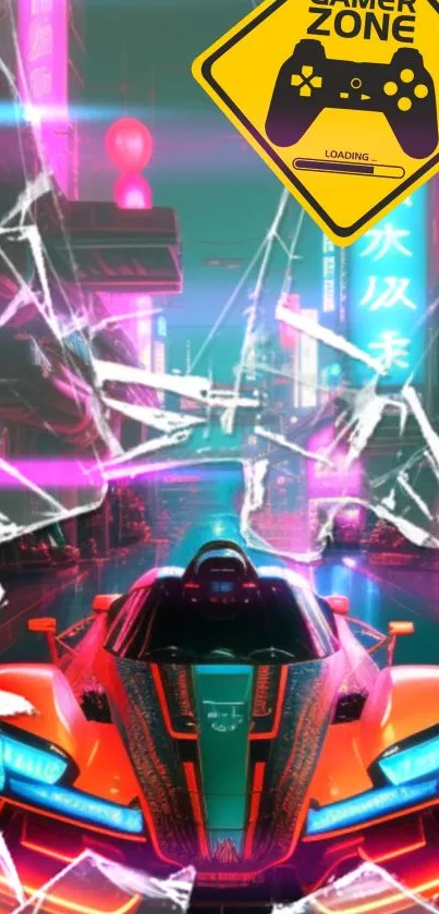 Futuristic neon car in cyberpunk city with gaming sign and broken glass effect.