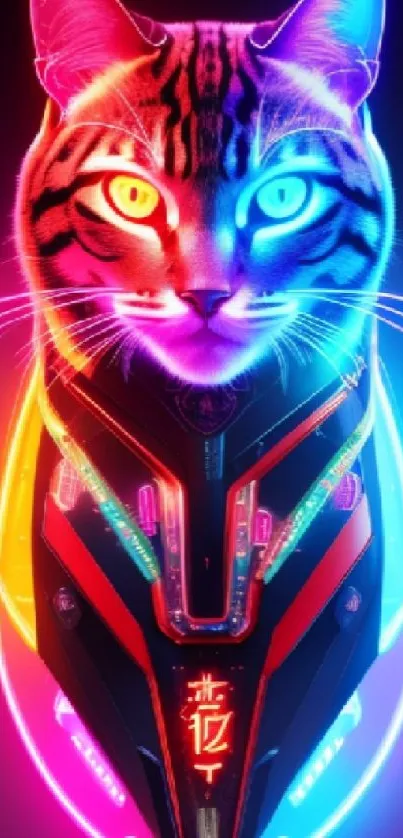 Neon cyber cat with vibrant glowing lights and futuristic design.