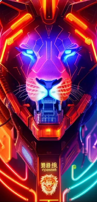 Neon cybernetic lion design with vibrant colors.