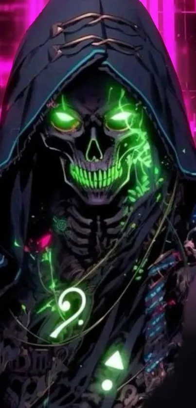 Futuristic neon cyber reaper with vibrant pink and green colors.