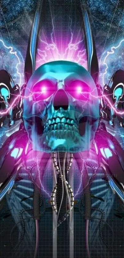 Neon skull with electrifying cyberpunk design in vibrant colors.