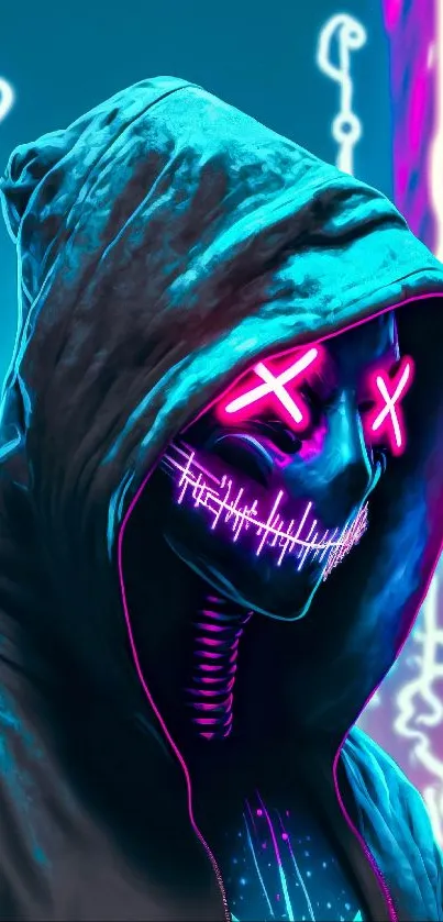 Neon cyber skull with glowing eyes and vibrant colors.