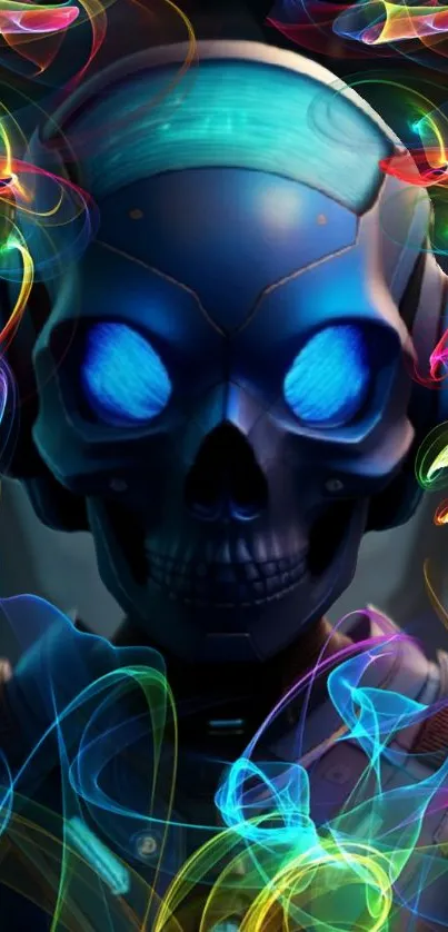 Futuristic skull with vibrant neon effects and colorful digital art.