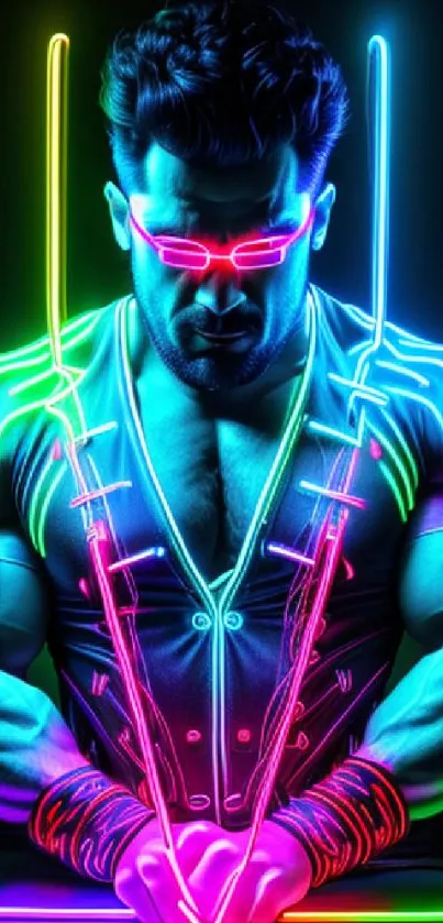 Neon cyber warrior with glowing swords and vibrant colors.