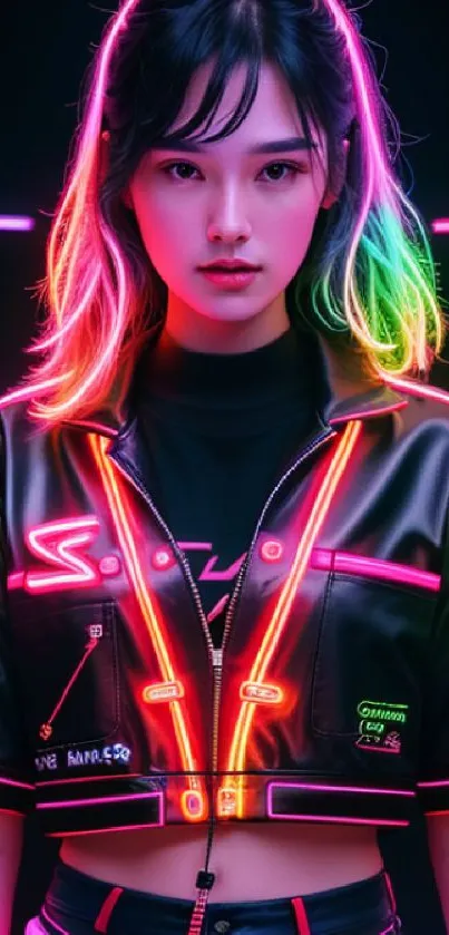 Cyberpunk neon art with vibrant colors and futuristic fashion.