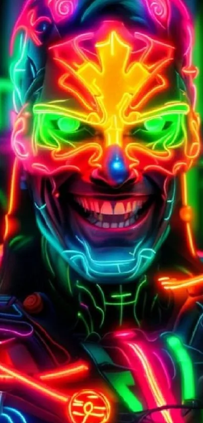 Vivid neon cyberpunk image of a futuristic masked figure glowing intensely.