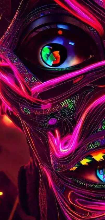 Close-up of neon cyberpunk face with vibrant pink hues and intricate designs.