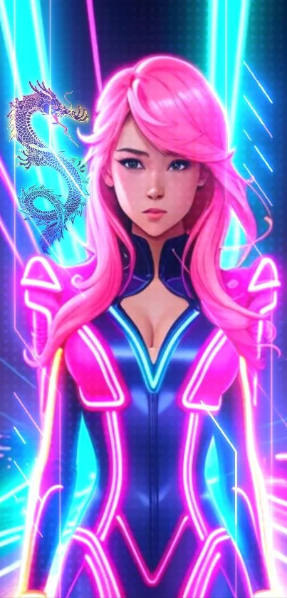 Neon cyberpunk girl in futuristic outfit glowing with vibrant colors.