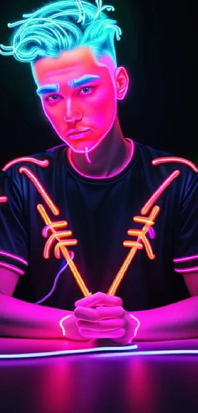 Futuristic neon cyberpunk art with vibrant colors and glowing elements.