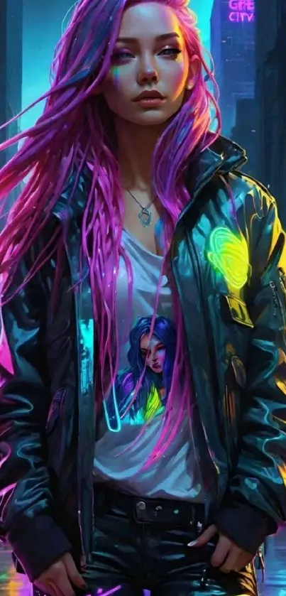 Futuristic character in vibrant neon street.