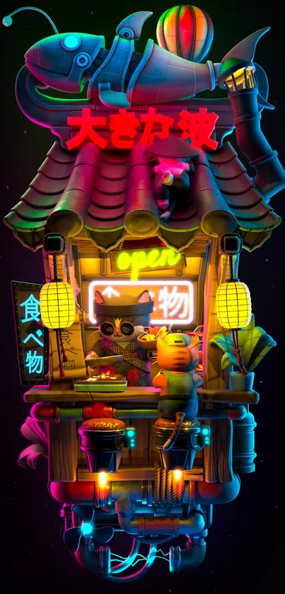 Vibrant neon cyberpunk art featuring a floating shop.