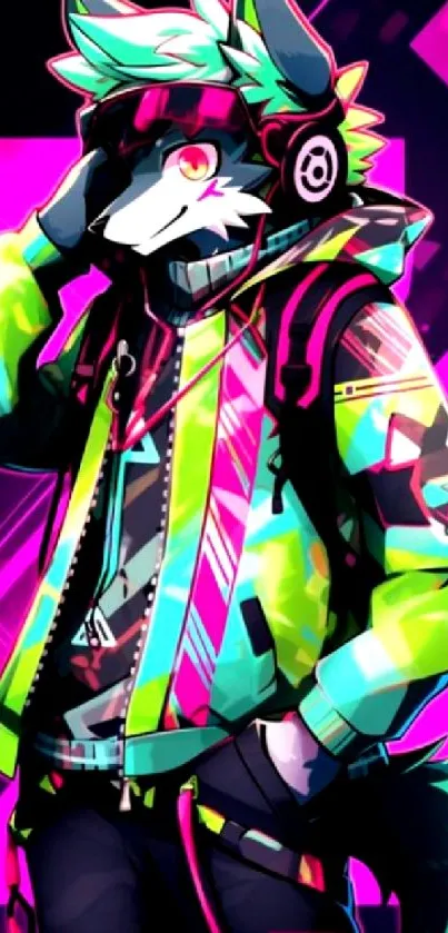 Colorful neon cyberpunk furry art with vibrant designs and tech elements.