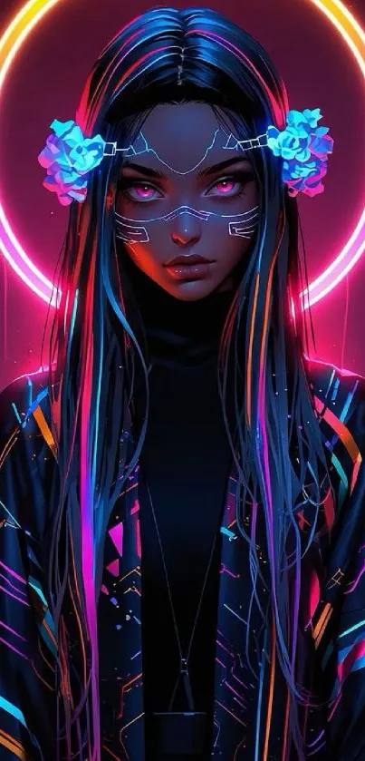 Neon cyberpunk art with vibrant colors and a futuristic theme.