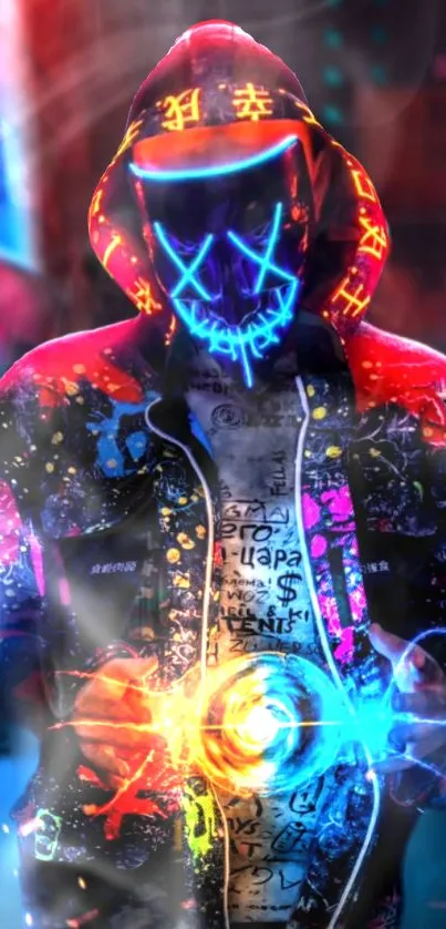 Neon cyberpunk art with glowing mask and vibrant colors.