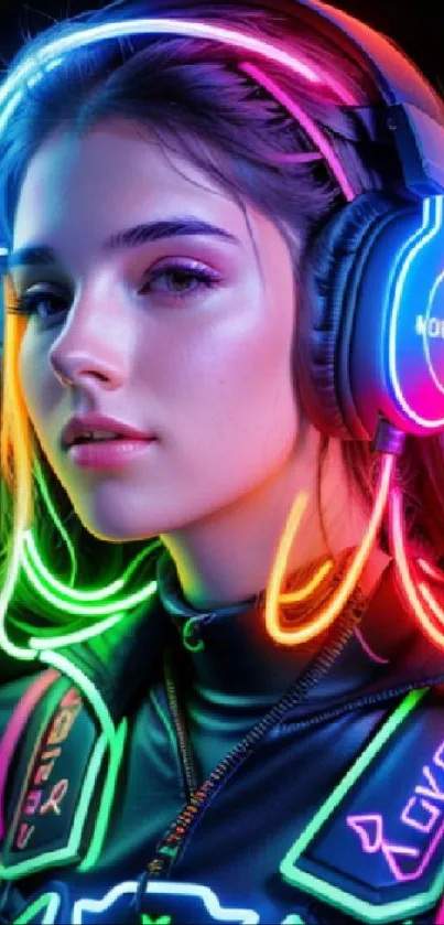 Girl with neon headphones in a cyberpunk style.