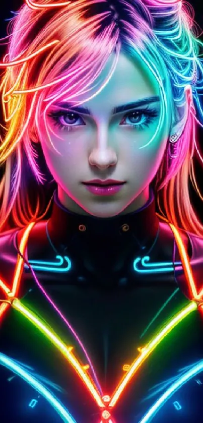 Colorful neon cyberpunk art with vibrant hues.