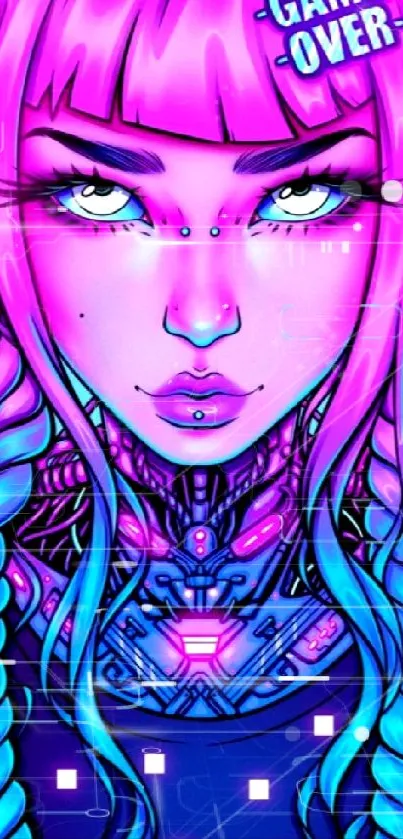 Neon cyberpunk character art with pink and blue hues.