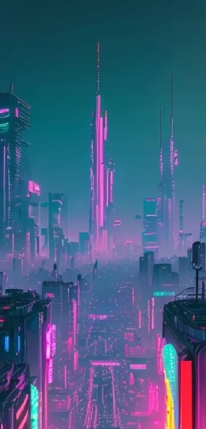 Futuristic cyberpunk cityscape with vibrant neon lights and skyscrapers.