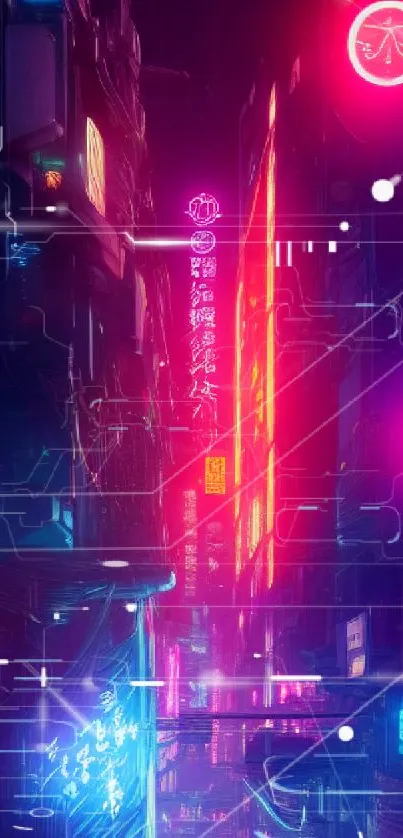 Vibrant neon cyberpunk cityscape with glowing lights.