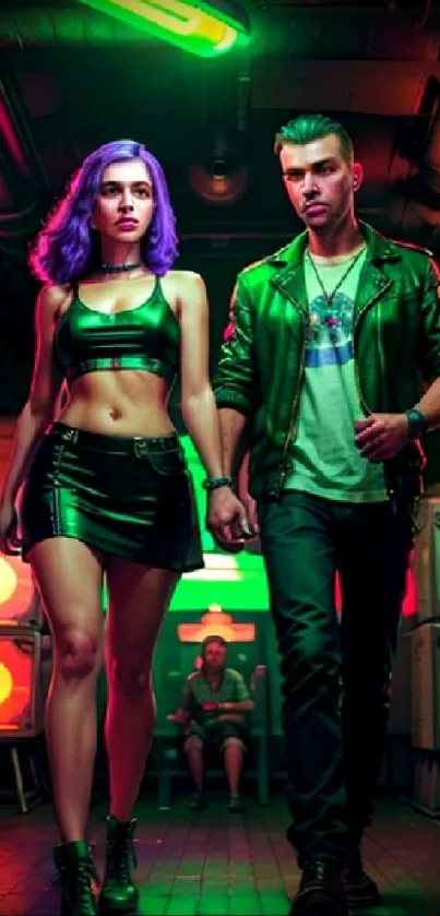 Cyberpunk couple walking in neon-lit urban street.