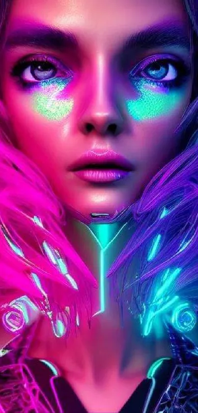 Neon cyberpunk portrait with vibrant colors and futuristic design elements.