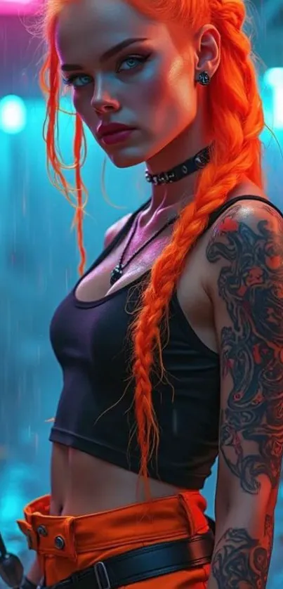 Cyberpunk woman with orange hair and tattoos in neon lights.