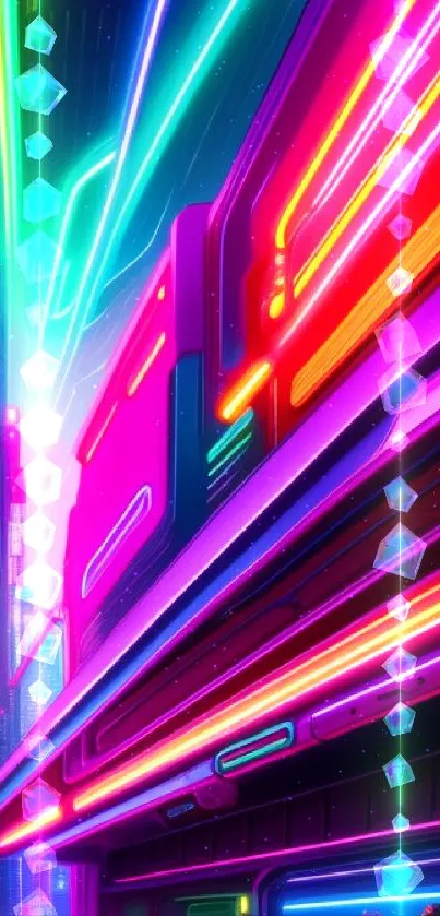 Vibrant neon cyberpunk cityscape with glowing futuristic lights.