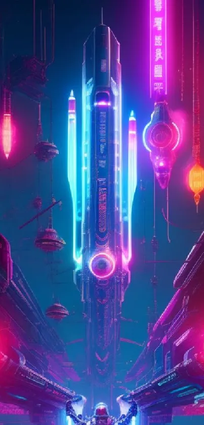 Neon cyberpunk skyline with vibrant lights and futuristic elements.