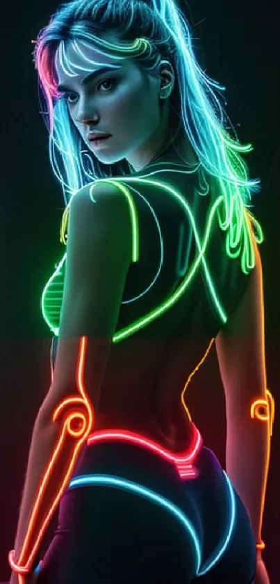 Neon cyberpunk themed wallpaper with glowing lines.