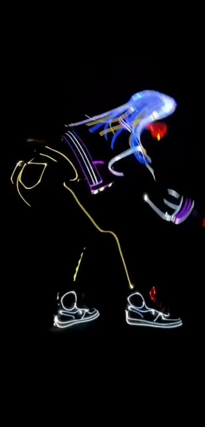 Neon silhouette of a dancer with vibrant light trails on a black background.