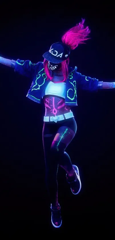 Neon-clad dancer with colored sprays on a black background.