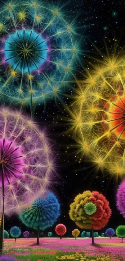 Vibrant neon dandelions light up a starry night sky.