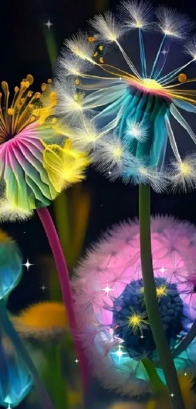 Vibrant neon dandelion art with colorful, glowing petals on a phone wallpaper.