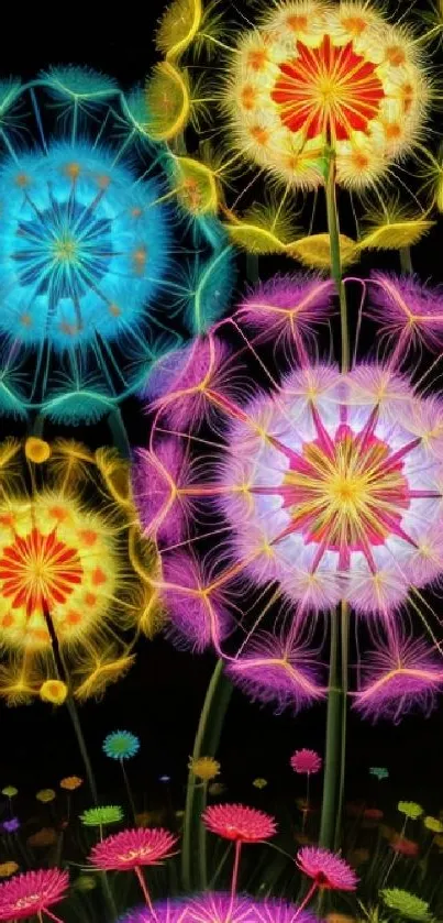 Vibrant neon dandelions on a dark background, creating a lively phone wallpaper.