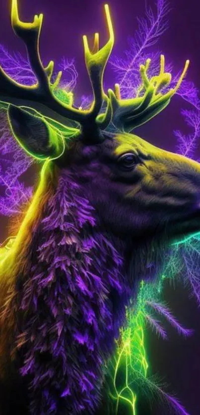 Vibrant neon deer with purple and green hues in a captivating artistic style.