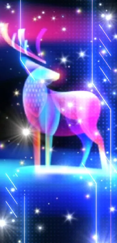 Mobile wallpaper with a neon deer against a starry cosmic background.