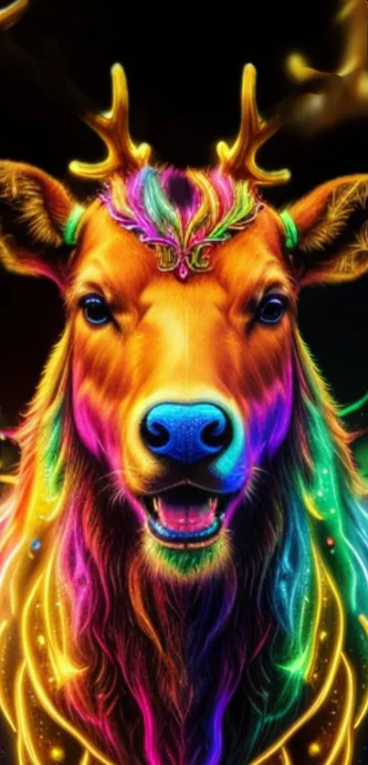 Vibrant neon deer with rainbow colors mobile wallpaper.