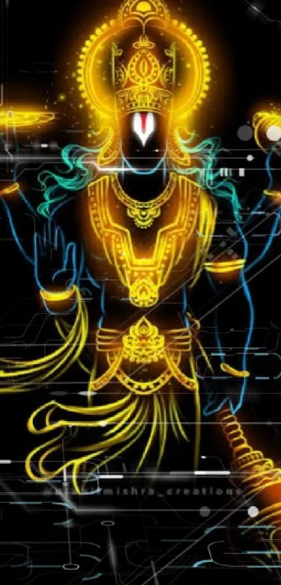 Vibrant neon deity illustration on a black background.