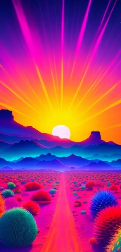 Vibrant neon desert sunset with bright colors and cacti.