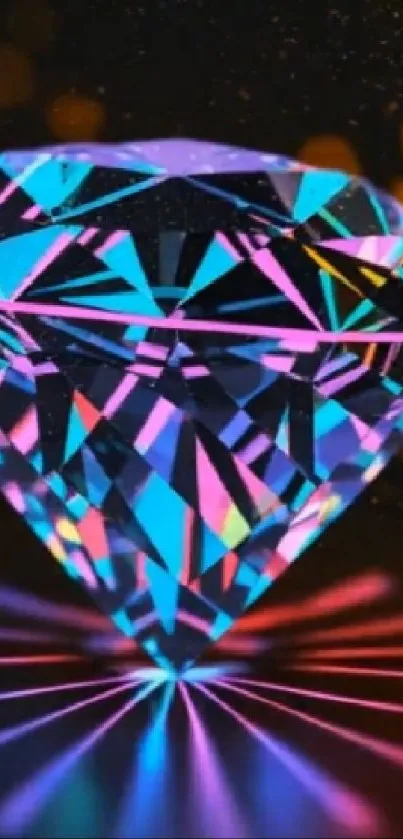 Dynamic neon diamond with colorful reflections on a dark background.