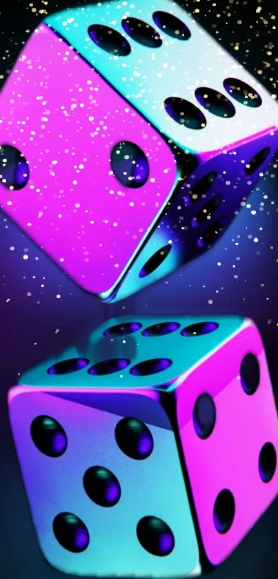 Colorful neon dice with sparkles on a dark background wallpaper.