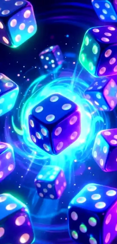 Colorful neon dice swirling in a cosmic blue vortex.